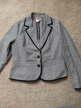 Sandro Navy & white striped pleated hip blazer